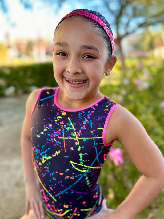 Neon Splatter Paint Pink Girls Gymnastics Leotard