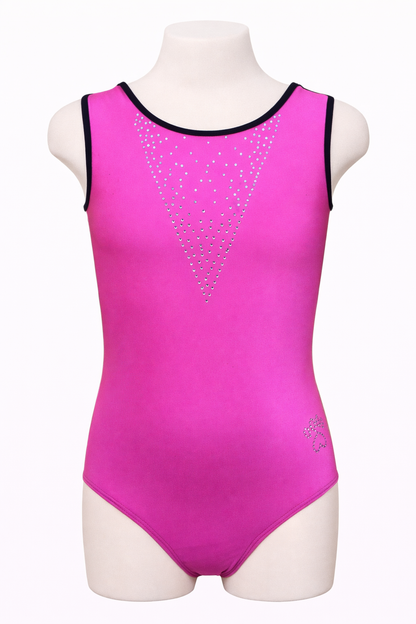 Pink leotard with black trim on a mannequin against a white background