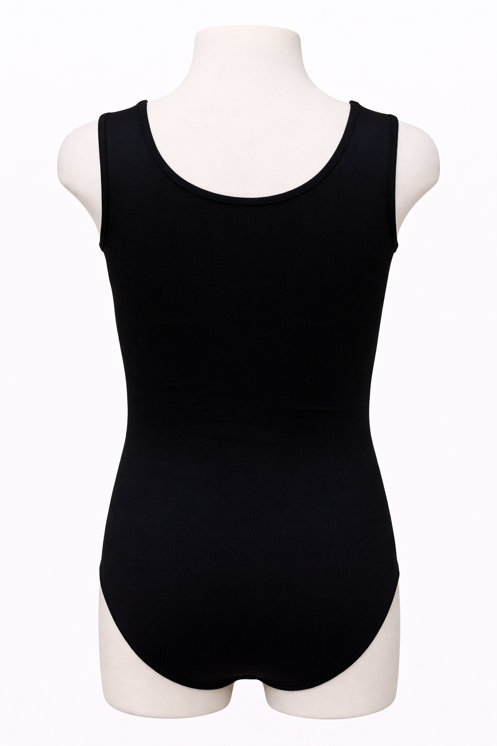 Black tank top on a mannequin against a white background