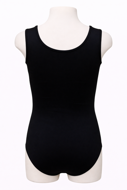 Black tank top on a mannequin against a white background