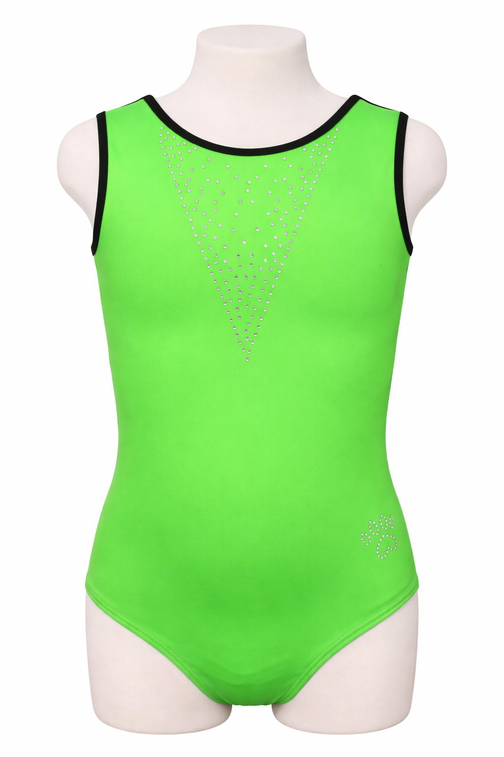 Green tank leotard with black trim on a mannequin against a white background