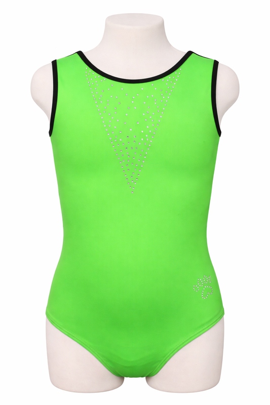 Green tank leotard with black trim on a mannequin against a white background