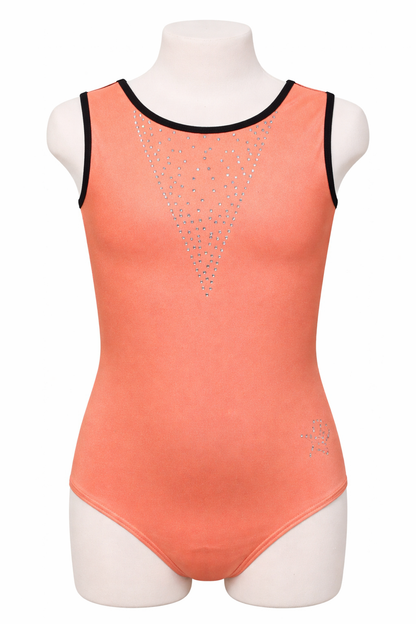 Coral leotard with black trim on a mannequin against a white background