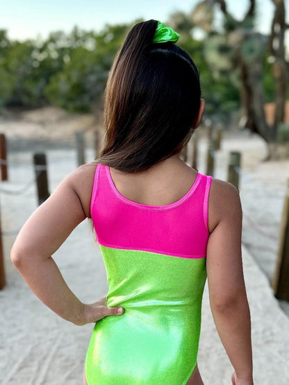 Neon Green with Pink Mesh Gymnastics Dance Leotard