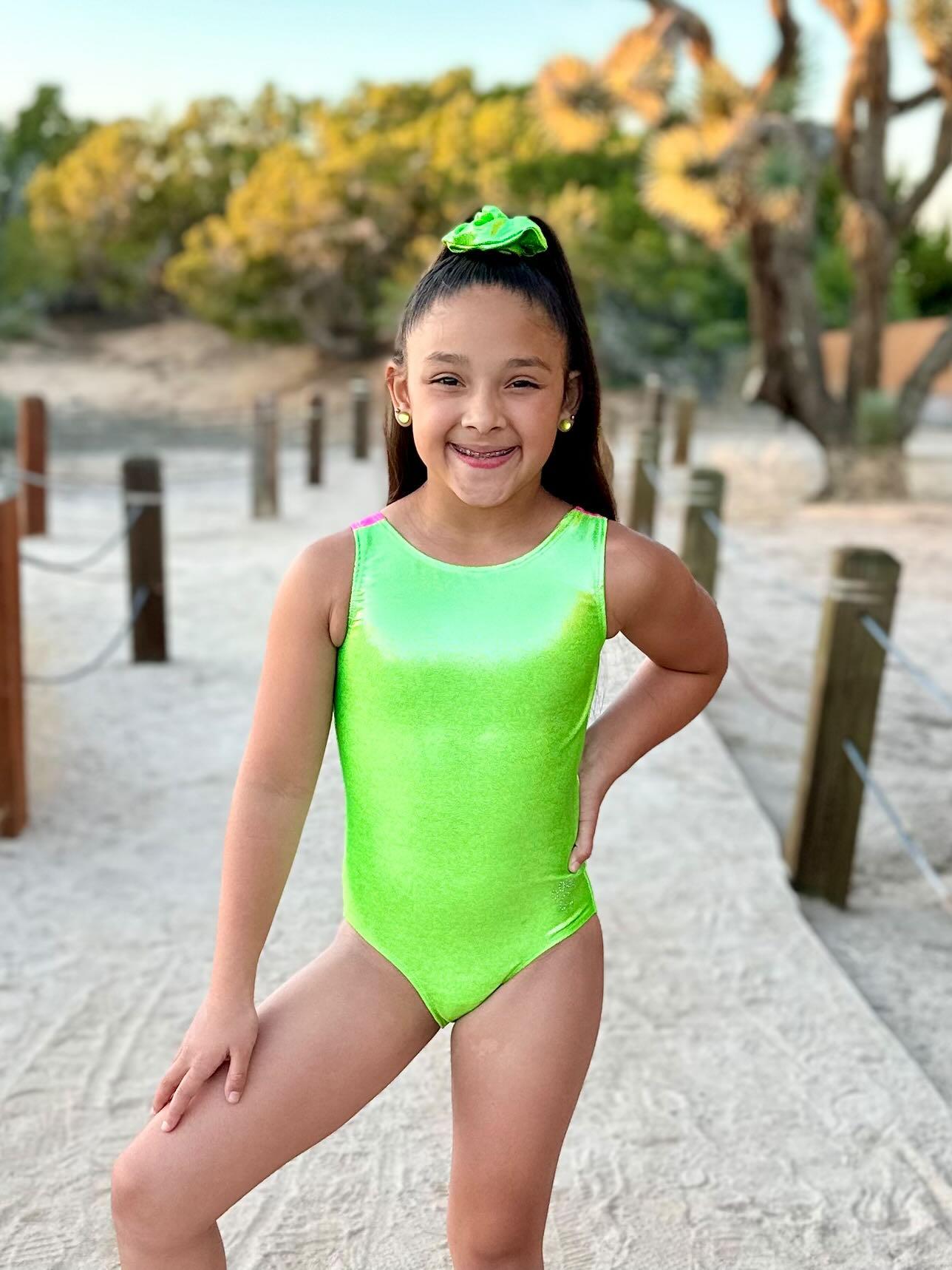 Neon Green with Pink Mesh Gymnastics Dance Leotard