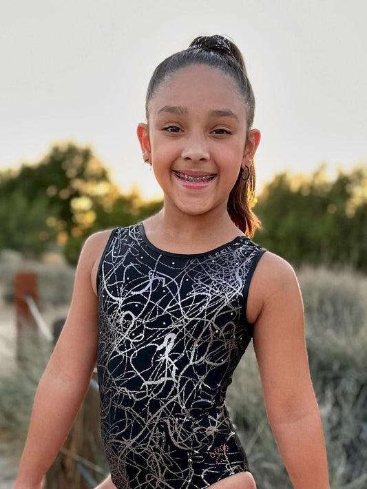 Black Silver Mesh Gymnastics Dance Leotard