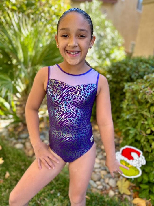 Purple Animal Print Mesh Gymnastics Dance Leotard
