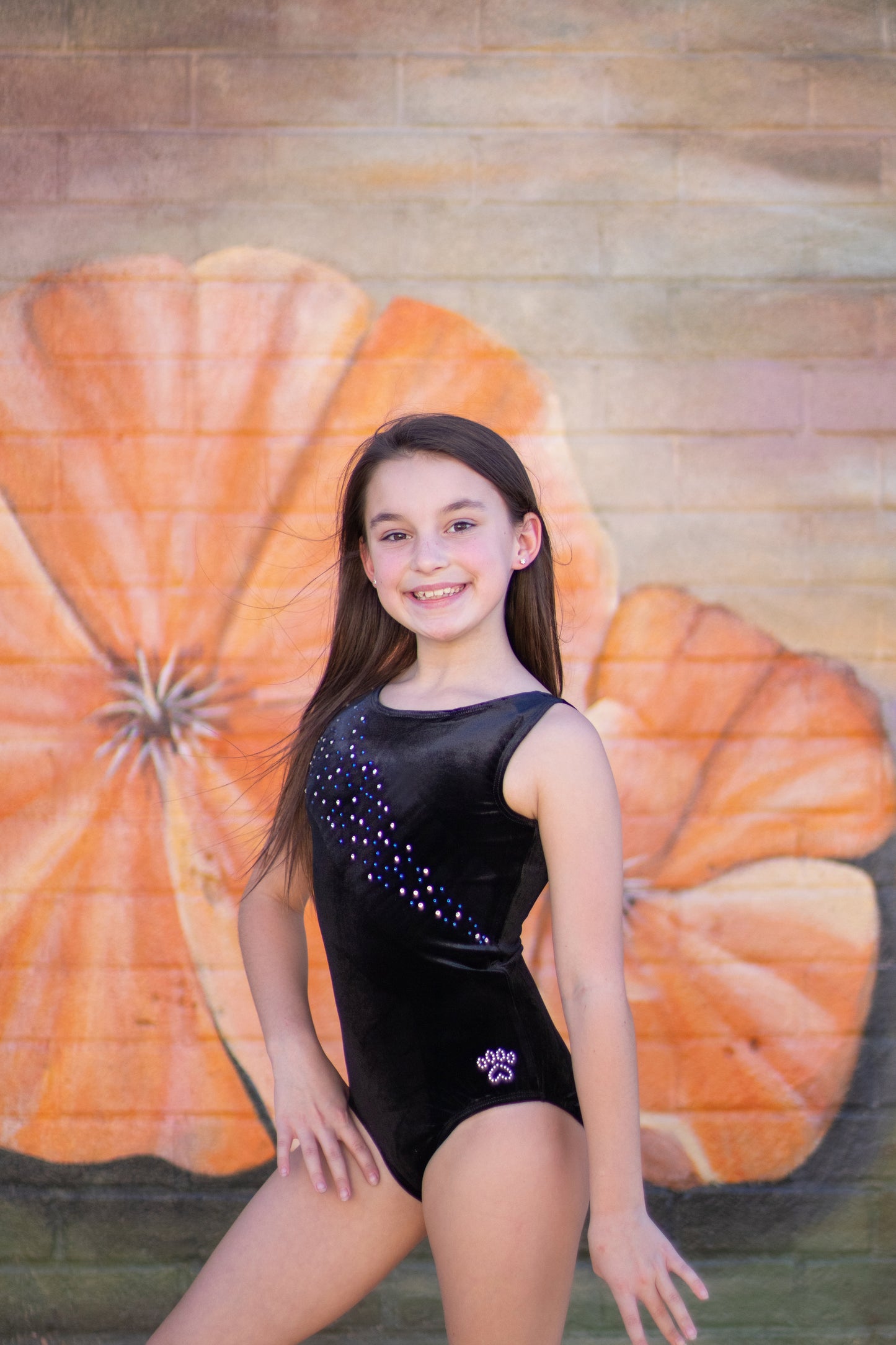 Black Velvet Gymnastics Dance Leotard with Rhinestones