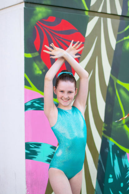 Teal Blue Sparkle Open Back Gymnastics Dance Leotard